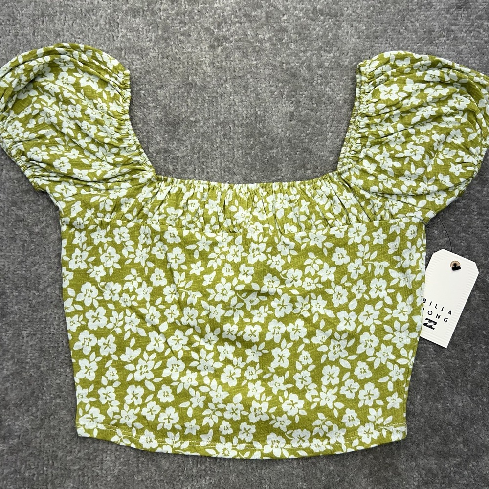 Billabong Crop Peasant Top Womens Small Puff Sleeve Square Neck Floral Green NWT